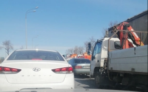 Водители застряли в пробке на Пулковском шоссе