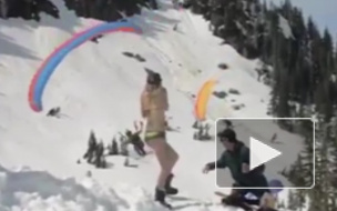 Парашютист - лыжник чуть не сбил девушку в бикини