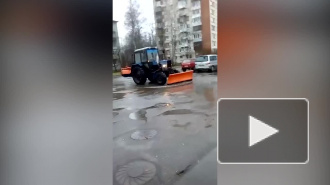 В Петергофе трактор с разгона разгребал лужи ковшом